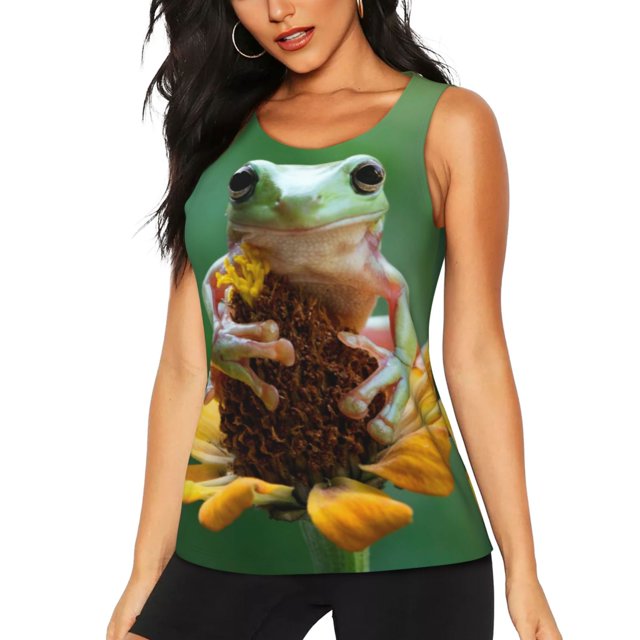 Kdxio Tree Frog Sitting On Sunflowes Print Racerback Workout Tank Tops for Women Sleeveless Gym Tops Athletic Yoga Shirts Camisole-Small