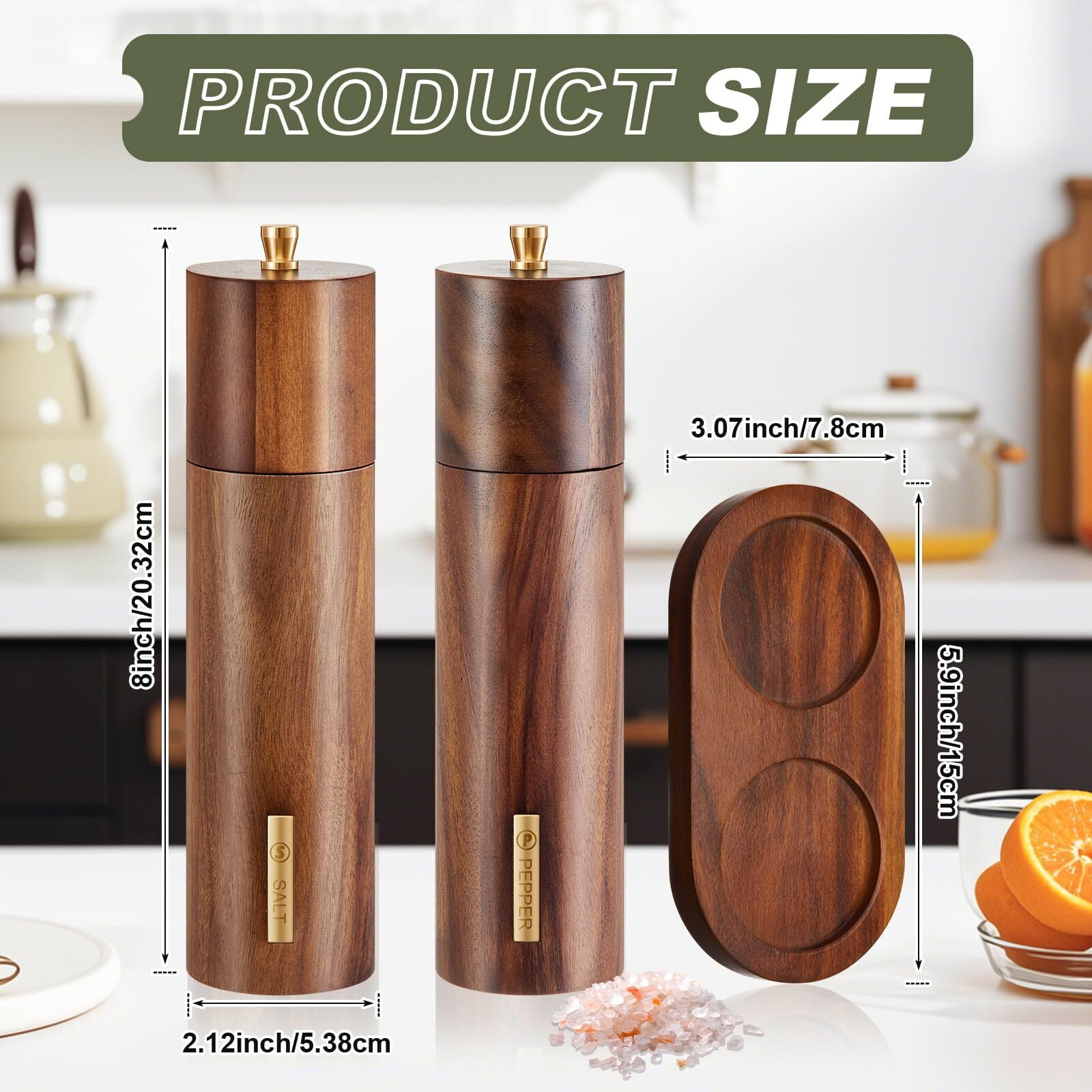Wooden Salt and Pepper Grinder Set, 8 Inch Manual Salt and Pepper Mill with Tray Adjustable Coarseness Refillable Wood Grinders with Gold Bottle Label for Kitchen Home Gift