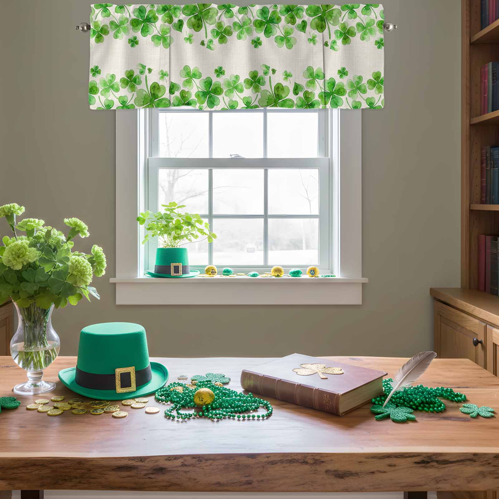 Happy St. Patrick's Day Tie Up Valances Curtain, Green Shamrock Love Art Watercolor Linen Texture Adjustable Rod Pocket Short Window Treatment Tie Up Curtains for Kitchen Living Room 60x18 In