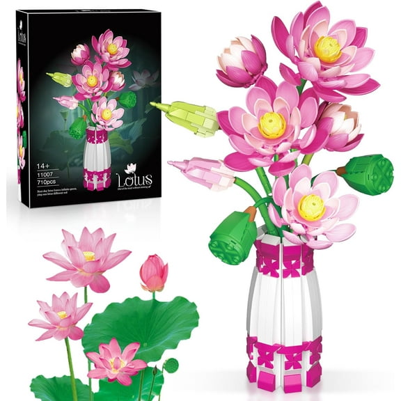 Honchoes Lotus Bouquet Building Set with Vase Compatible with Lego Flowers for Adults 710 Pcs