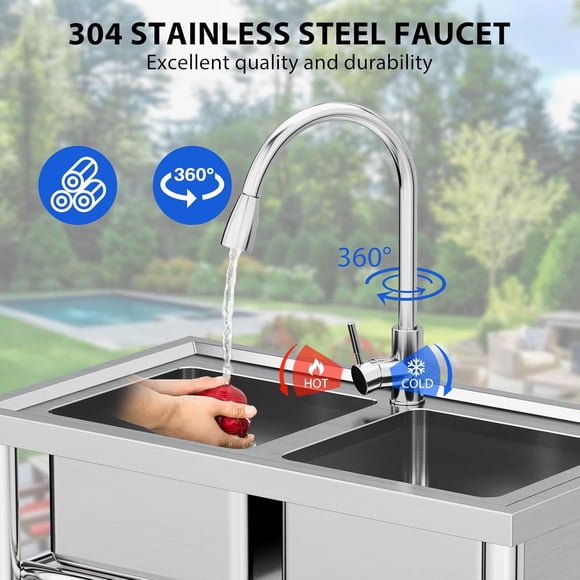 Bingirl Freest&ing Double Bowl Stainless-Steel Utility Sink 35 By 20 By 12 in NSF Certified Corrosion Resistant Adj Legs Rapid Drainage With Hot And Cold Faucets Durable Com Kitchen