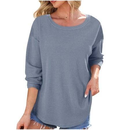 Brglopf Women s Long Sleeve Shirts Waffle Knit Loose Tops Basic Tees Casual Comfy Fall Crewneck Pullover Sweatshirts Blue M
