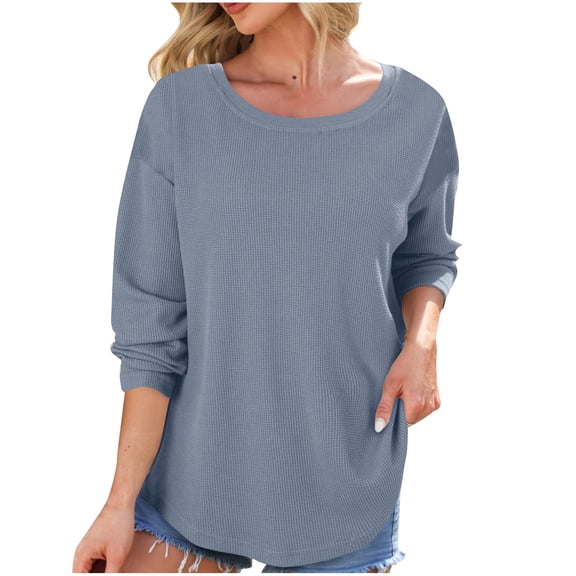 RYRJJ Women's Crew Neck Long Sleeve Shirts Waffle Knit Loose Tops Basic Tees Casual Comfy Fall Pullover Sweatshirts(Blue,S)