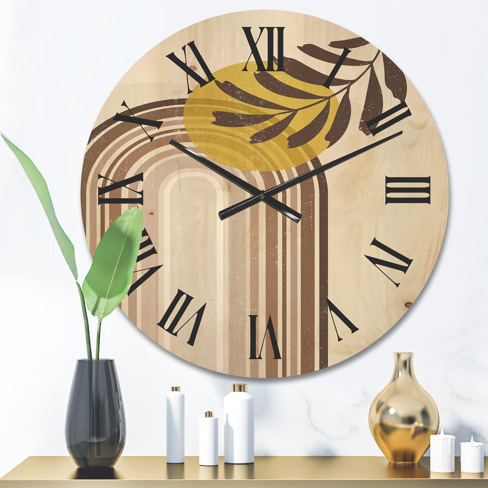 Designart 'Abstract Moon and Sun With Leaf In Earth Tones' Modern Wood Wall Clock