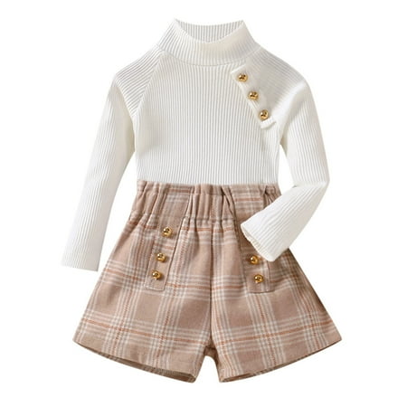 

QBGSAY Toddler Girls Dress Kids Baby 2Pcs Fall Outfits Long Sleeve Ribbed Knit High Neck Pullover Plaid Print Shorts Sweet Cute Dresses