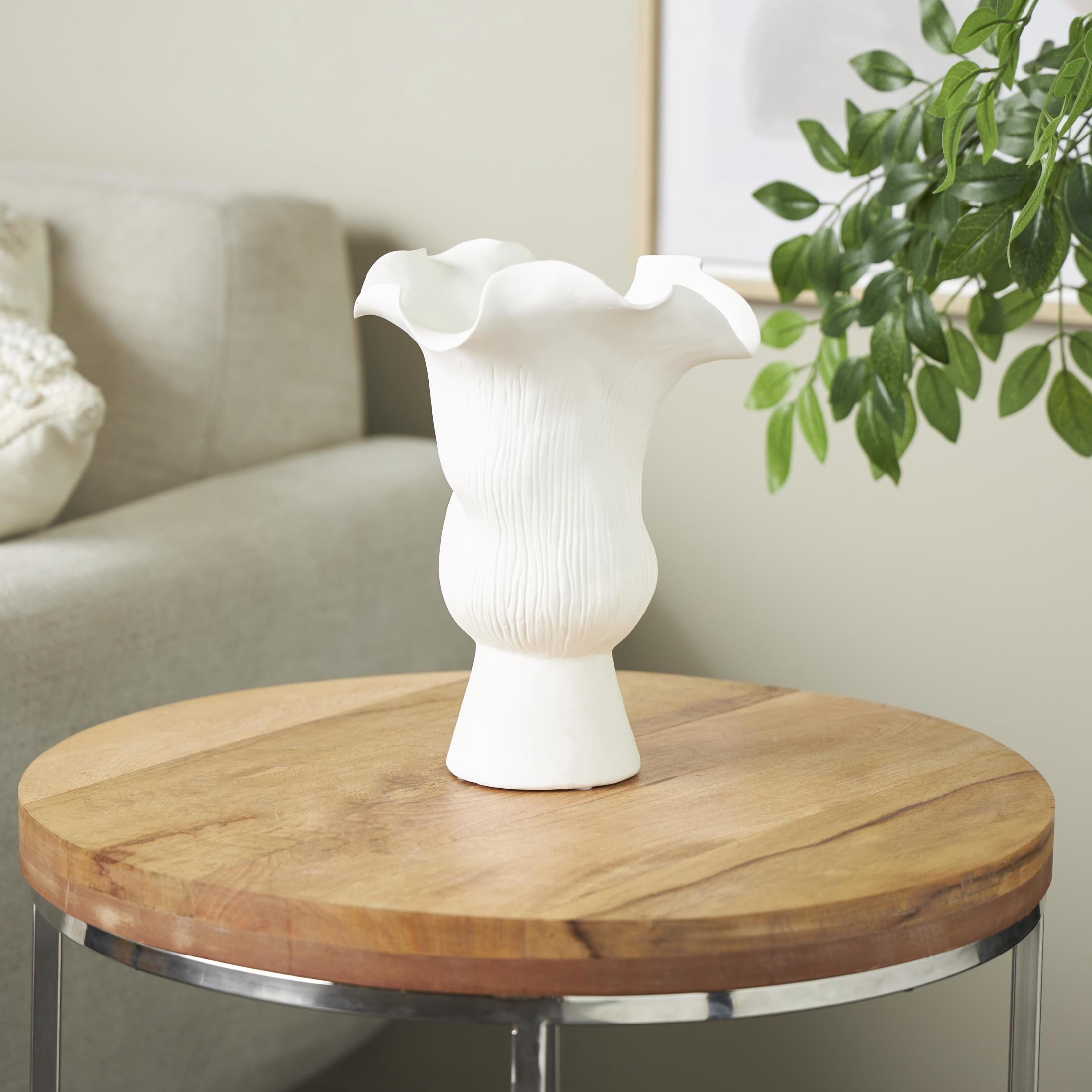 DecMode 11" Abstract Floral Inspired White Ceramic Vase with Wavy Folded Rim and Linear Grooves