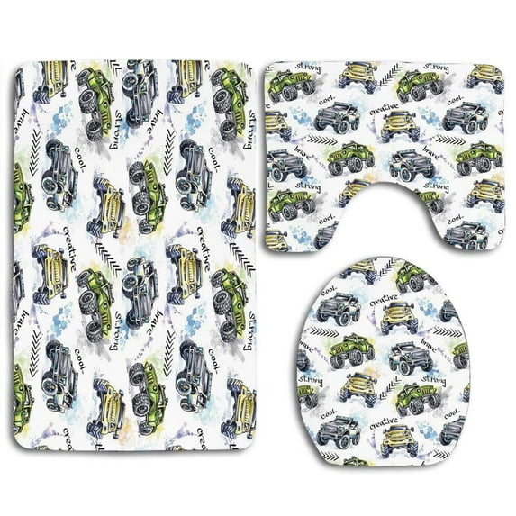 GOHAO Cars Hand Drawn Watercolored Monster Trucks Enormous Wheels Off Road Lifestyle 3 Piece Bathroom Rugs Set Bath Rug Contour Mat and Toilet Lid Cover