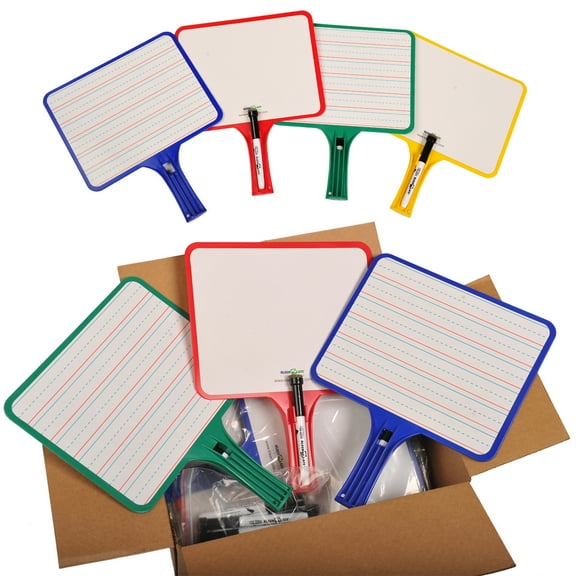 KleenSlate Blank/Lined 2-Sided Rectangular Dry Erase Paddles with Markers, Set of 10