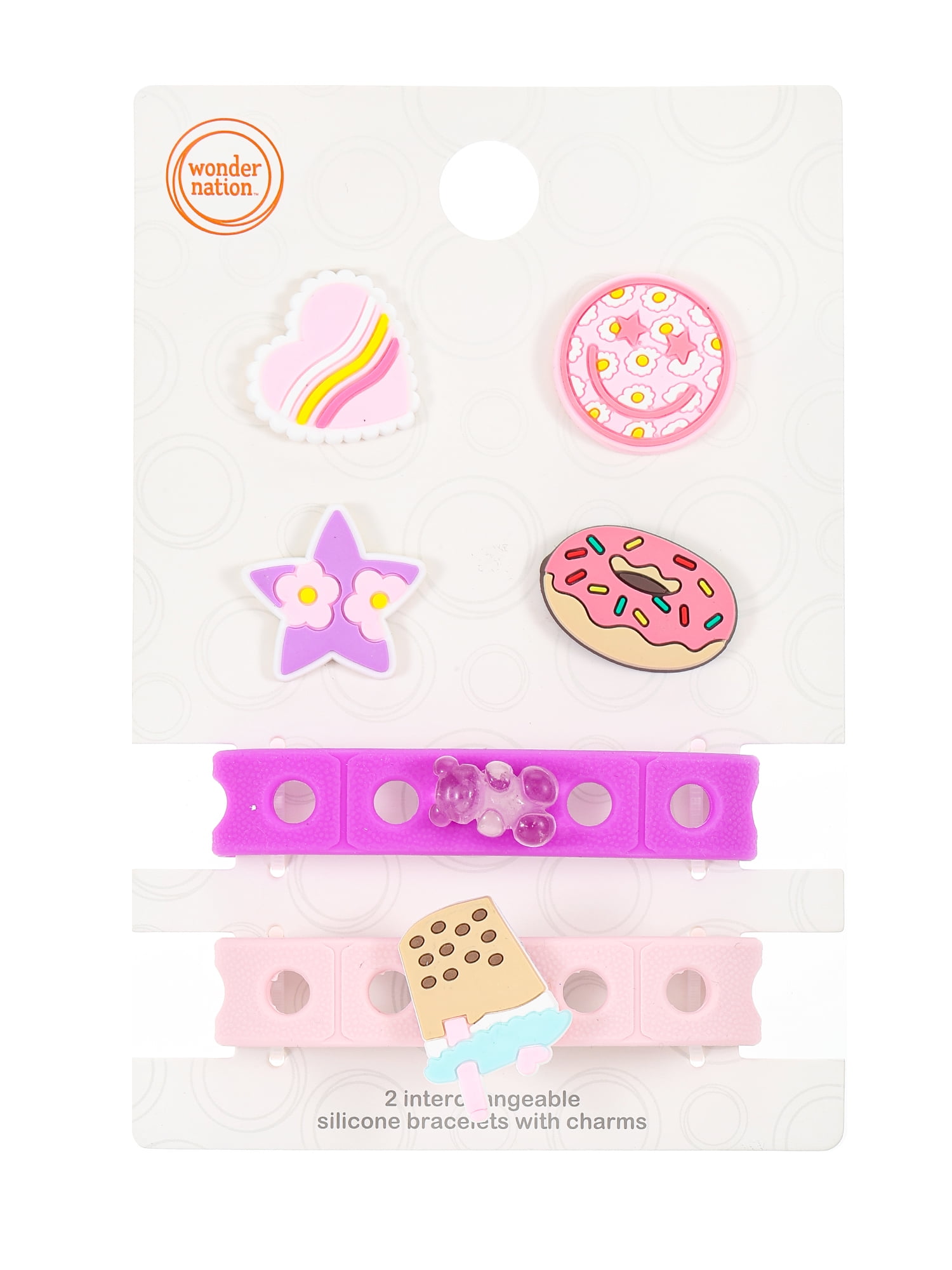 Wonder Nation Silicone Charm Bracelet Set for Kids with Interchangeable Bracelets and Charms, Purple and Pink, 8 Pieces