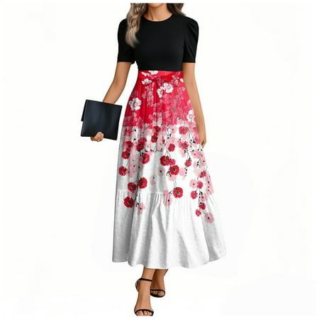 Difdany Floral Wedding Guest Dresses for Women Y2k Crewneck Tie Puff Short Sleeve Maxi Dress Flowy Patchwork Teacher Dresses Watermelon Red XL