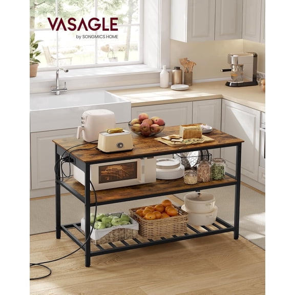 Kitchen Island with 3 Shelves, 47.2 Inches Width Kitchen Shelf with Power Strip, Large Worktop, Stable Steel Structure, Industrial, Easy to Assemble