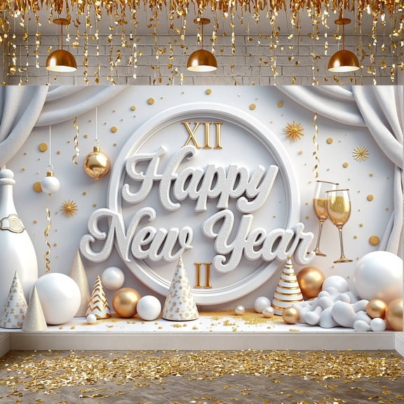 Gold White Theme Happy New Year Banner Elegant Design New Year Banner Decorative Ornaments Champagne Glass Elements Celebration Banner for New Year Party Holiday Celebration Indoor Decoration