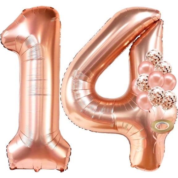 12Pcs Rose Gold 14th Birthday Party Decorations 32Inch Number 14 Foil Balloons 12Inch Latex Confetti Balloons for 14 Year Old Women Lady Birthday Anniversary Party Home Decorations Supplies