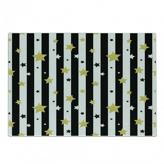 Striped Cutting Board, Black and White Lines Background with Big and Small Stars Pattern Print, Decorative Tempered Glass Cutting and Serving Board, Small Size, Black White and Yellow, by Ambesonne