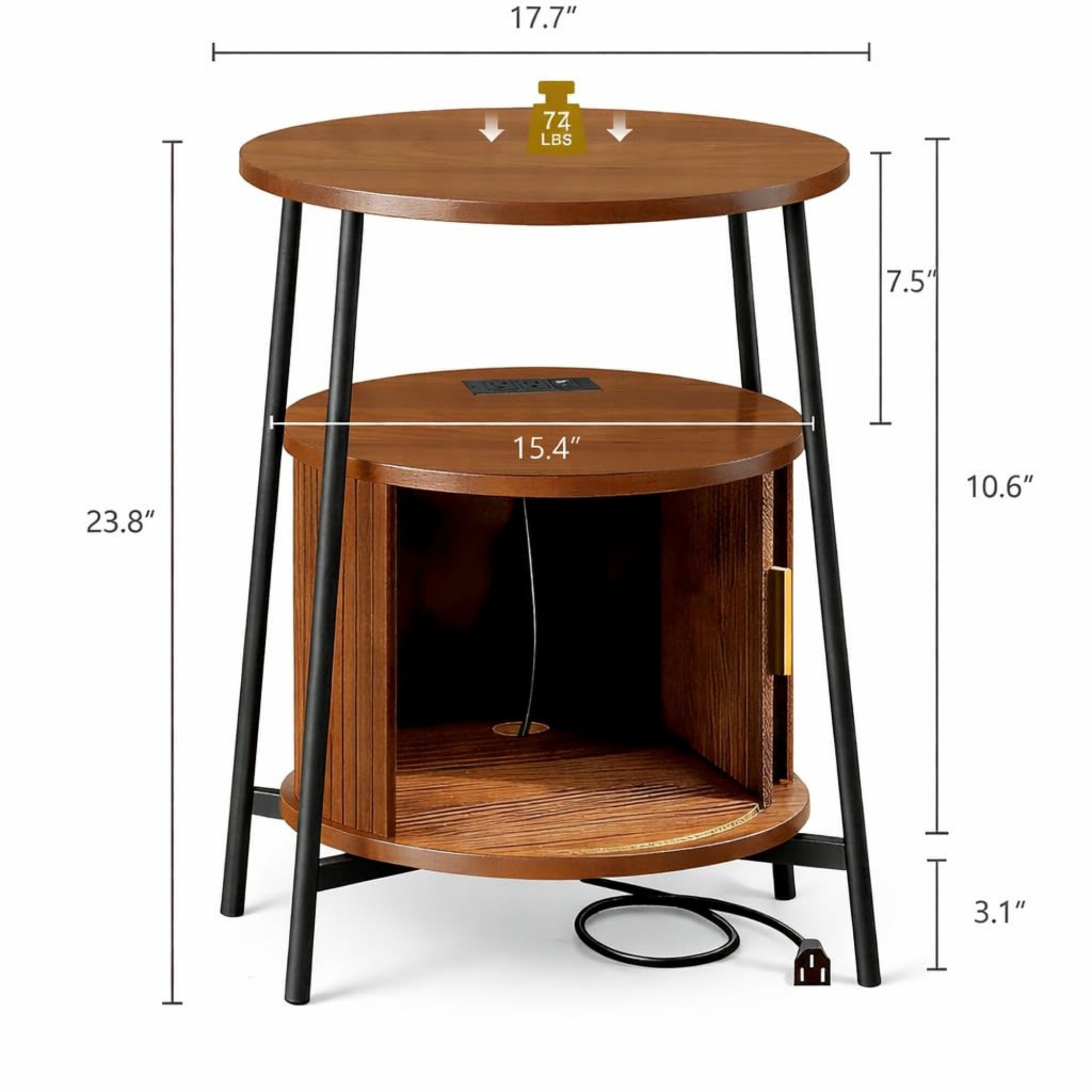 Round End Table with Charging Station, Fluted Side Table with Sliding Door, Mid Century Modern Nightstand for Bedroom & Living Room, Walnut
