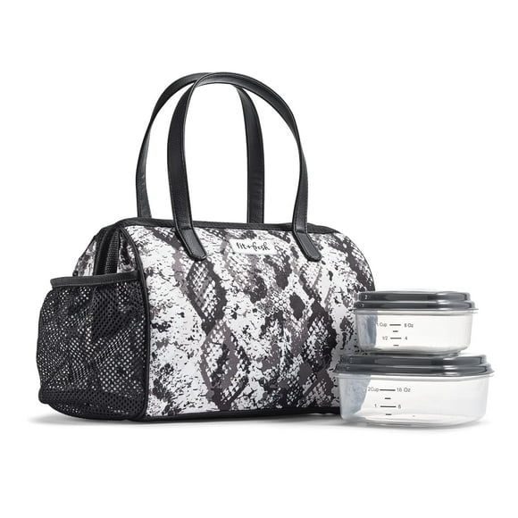 Fit & Fresh Cloverdale Adult Insulated Lunch Bag with Side Pouch & Carry Handles Complete Lunch Kit Includes 2 Containers Snakeskin
