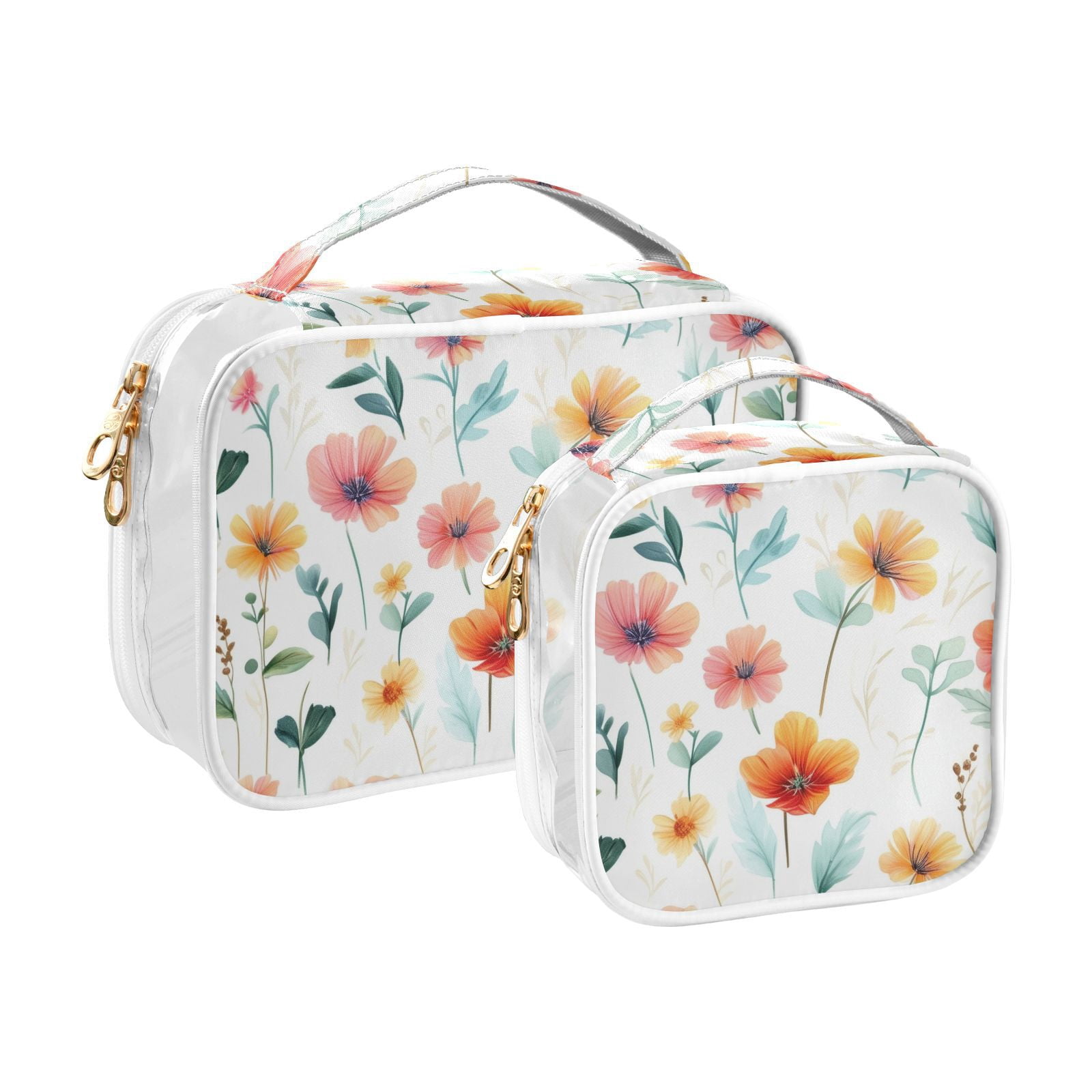 Clear Makeup Bags with Handle Large Opening 2 Pack Set Toiletry Bag Quart Size Bag, for Women Man Traveling Travel Essentials, Toiletries and Other. Watercolor Flower Pattern
