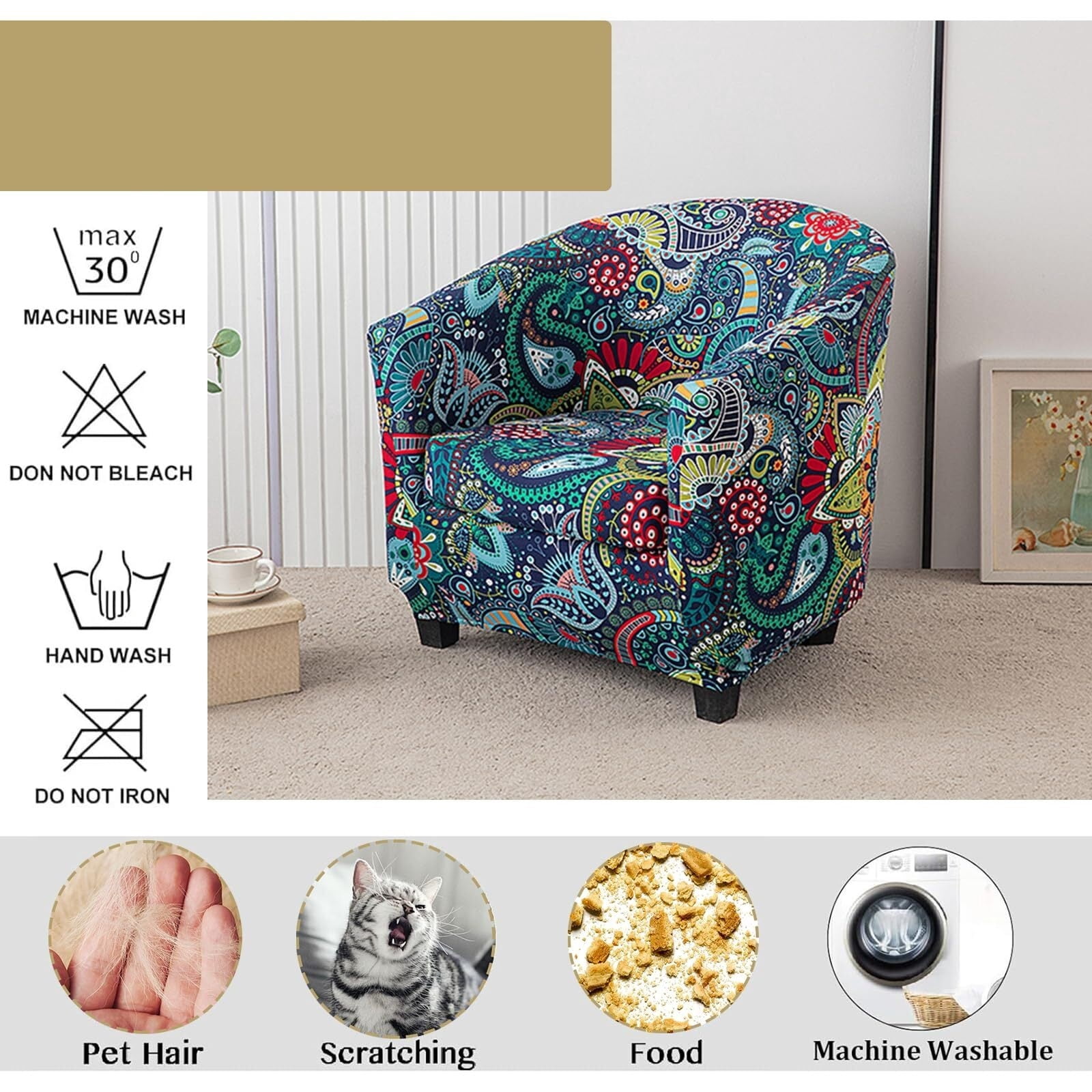 LKJYER Club Chair Slipcover 2 Piece Tub Chair Slipcover Stretch Barrel Chair Covers Printed Armchair Covers Removable Sofa Cover Couch Furniture Protector Arm Chair Cover for Living Room