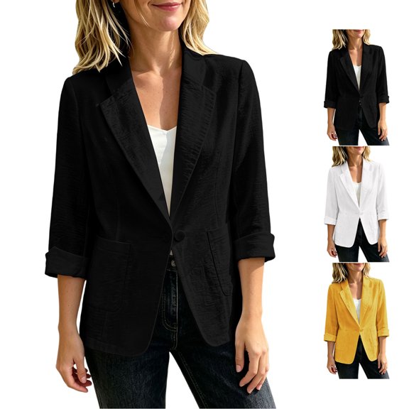 TGSLY Women's Plus Size Linen Blazer Lightweight Thin Notched Lapel Single Breasted Button Coat Loose Casual Solid Color Long Sleeve Suit Jacket L