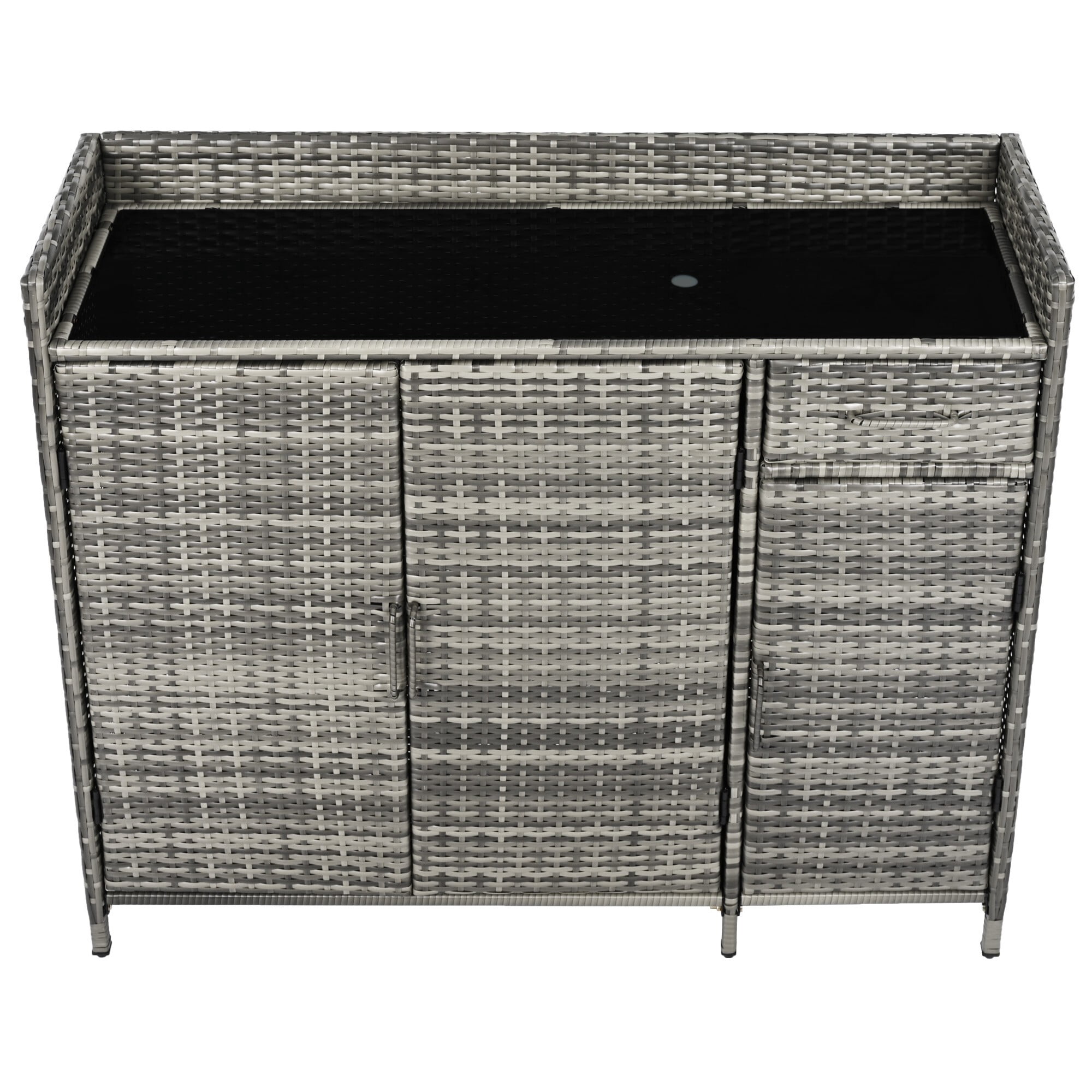 AENKYO 47.5" Wicker Outdoor Storage Cabinet with Tempered Glass Top, 3-Door Rattan Bar Table for Patio, Poolside, Gray
