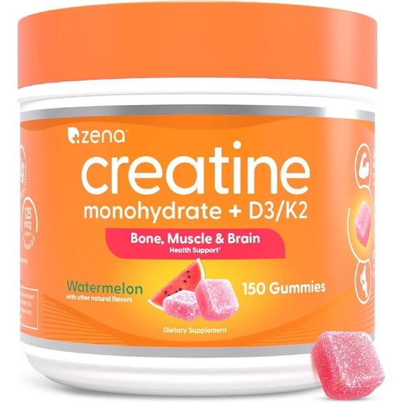 Zena Nutrition Creatine Gummies with D3 & K2, Creatine Monohydrate for Men and Women, Watermelon Flavor, 150ct, 30 Daily Servings