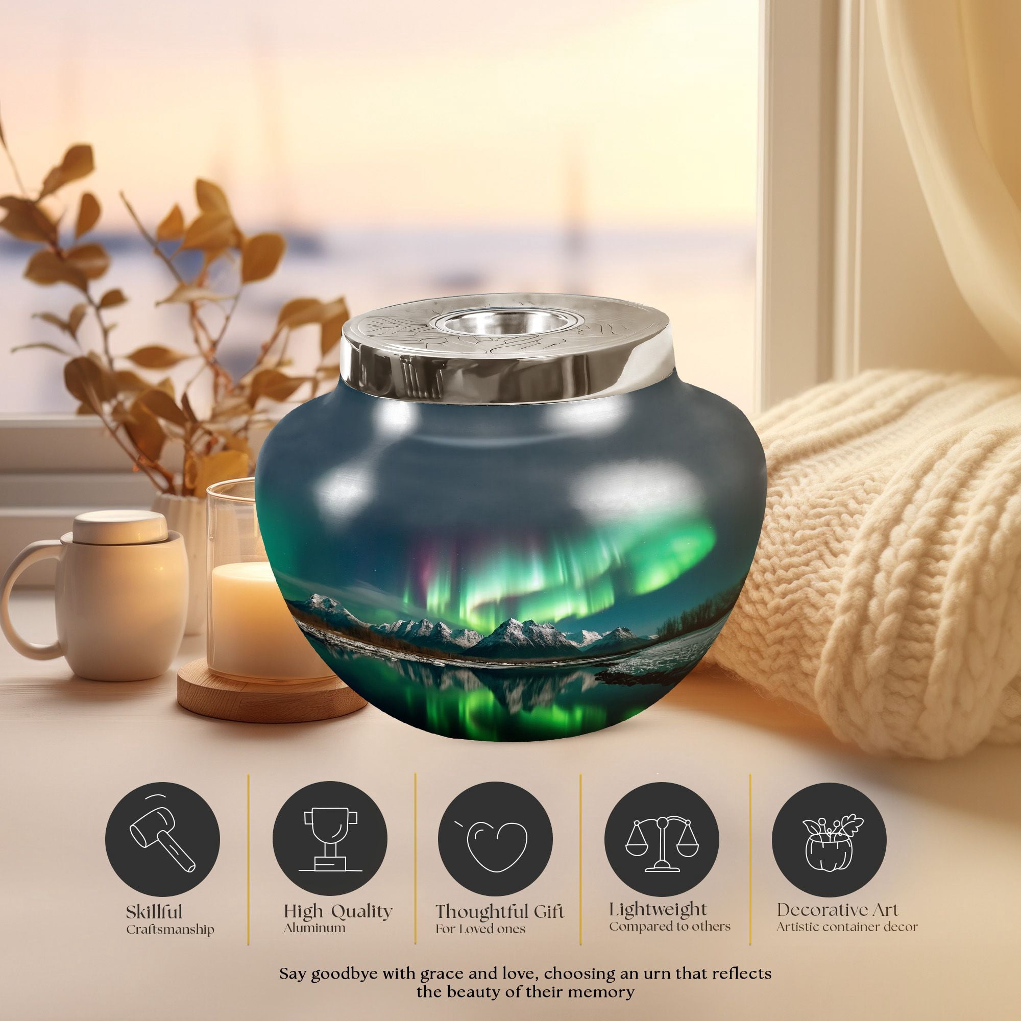 JAGSHASHI Aurora Borealis Ash Urns For Men & Female - Human Cremation Urn - Ash Urns - Ashes Urns Human Remains - Memorial Urns - Urns For Human Ashes Large - Urns For Human Ashes Adult - 7 Inch