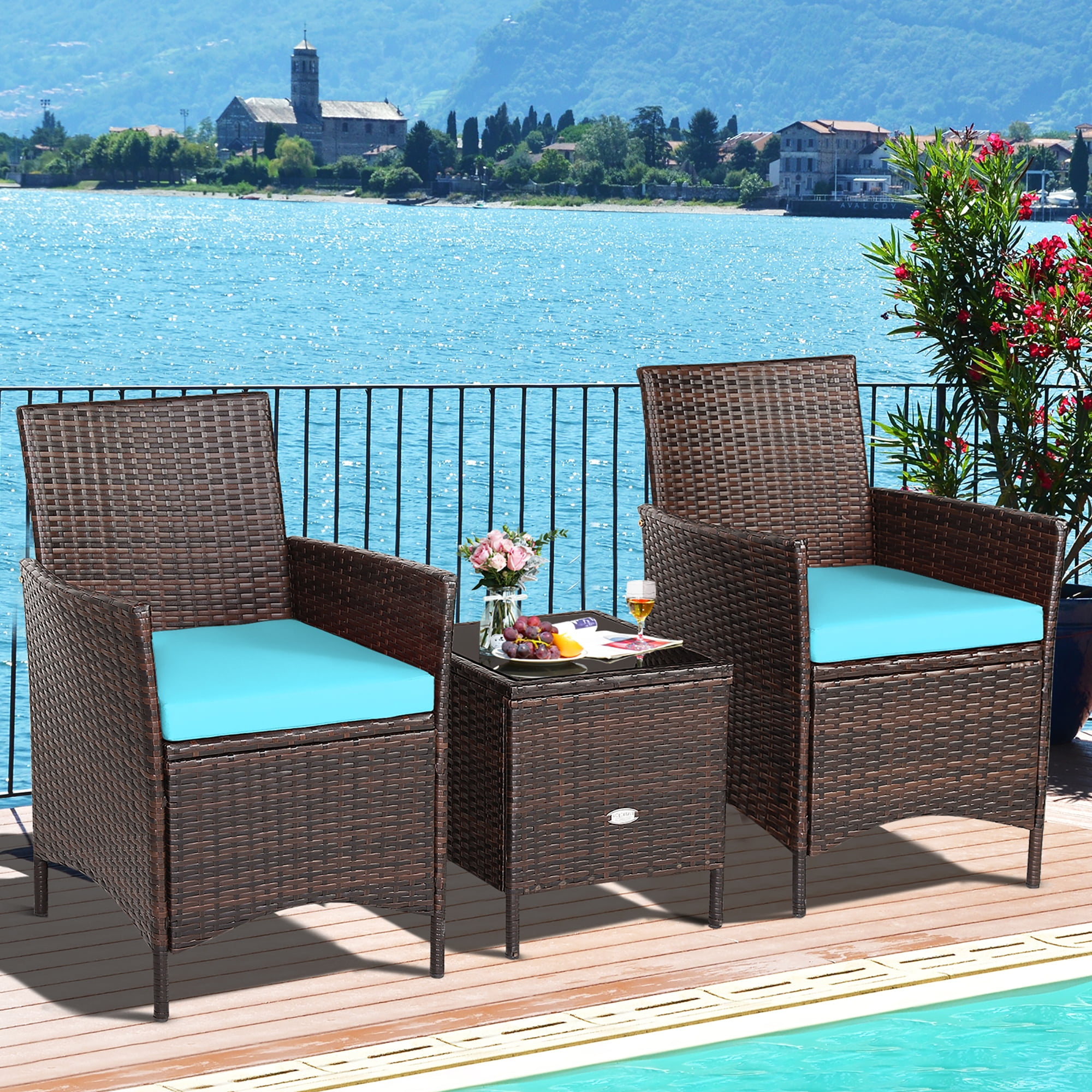 Costway 3PCS Patio Rattan Furniture Set Cushioned Sofa Glass Tabletop Deck Blue