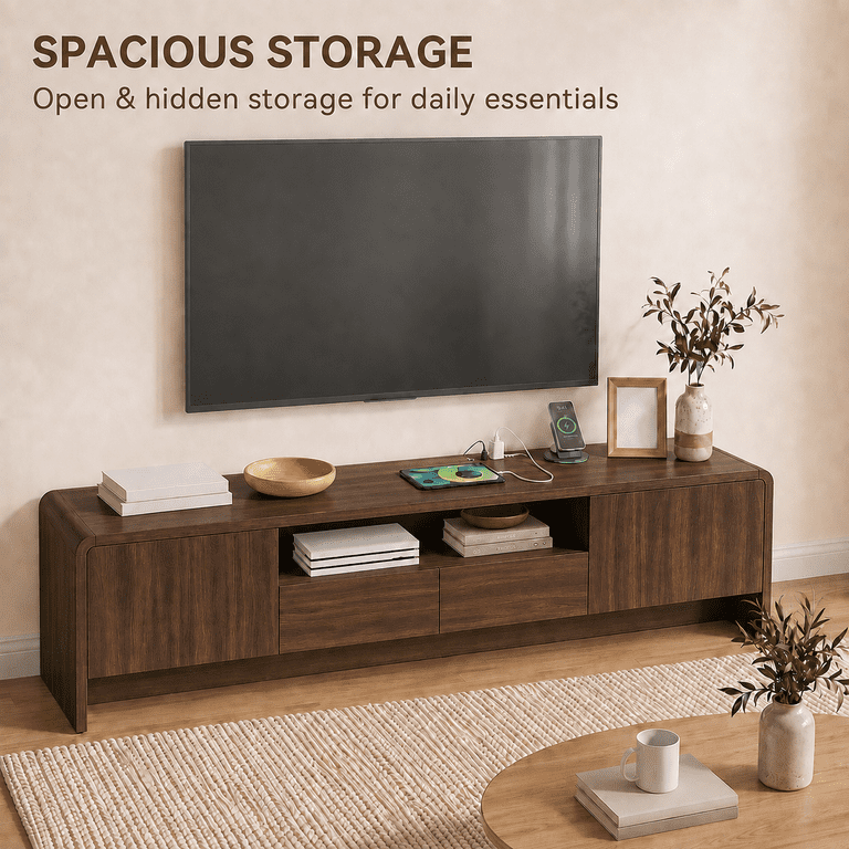 Lacoo 70 Inch TV Stand for 55-75 Inch TVs, Entertainment Center with 2 Drawers and Storage Cabinets, Media Console for Living Room , Walnut