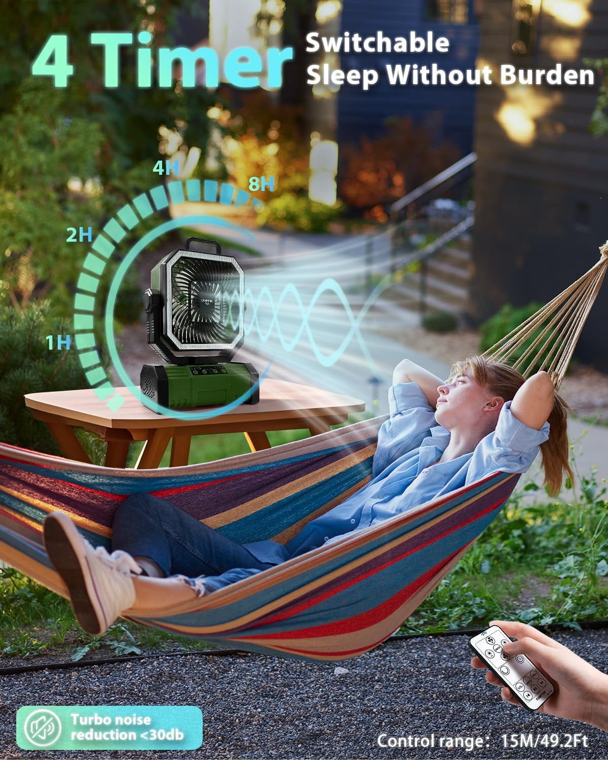 SuperRGB Portable Camping Fan, 20000mAh Rechargeable Battery Operated Fan with Bluetooth Speaker, LED Light & Remote, 4 Speeds, Timer & Hook for Tent, Outdoor, Travel, Green