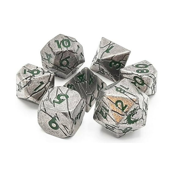 Old School Dice & Accessories Orc Forged Poly Set - Ancient Silver w/Green (7) New
