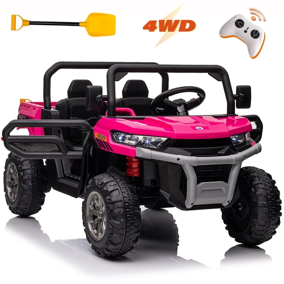 Kids 24V Ride on Toys Truck with Remote Control, 2 Seater Power Car Wheels UTV Vehicle, 4x200W Outdoor Toys Car w/ Electric Dump Bed, Shovel, Bluetooth/Music, Pink
