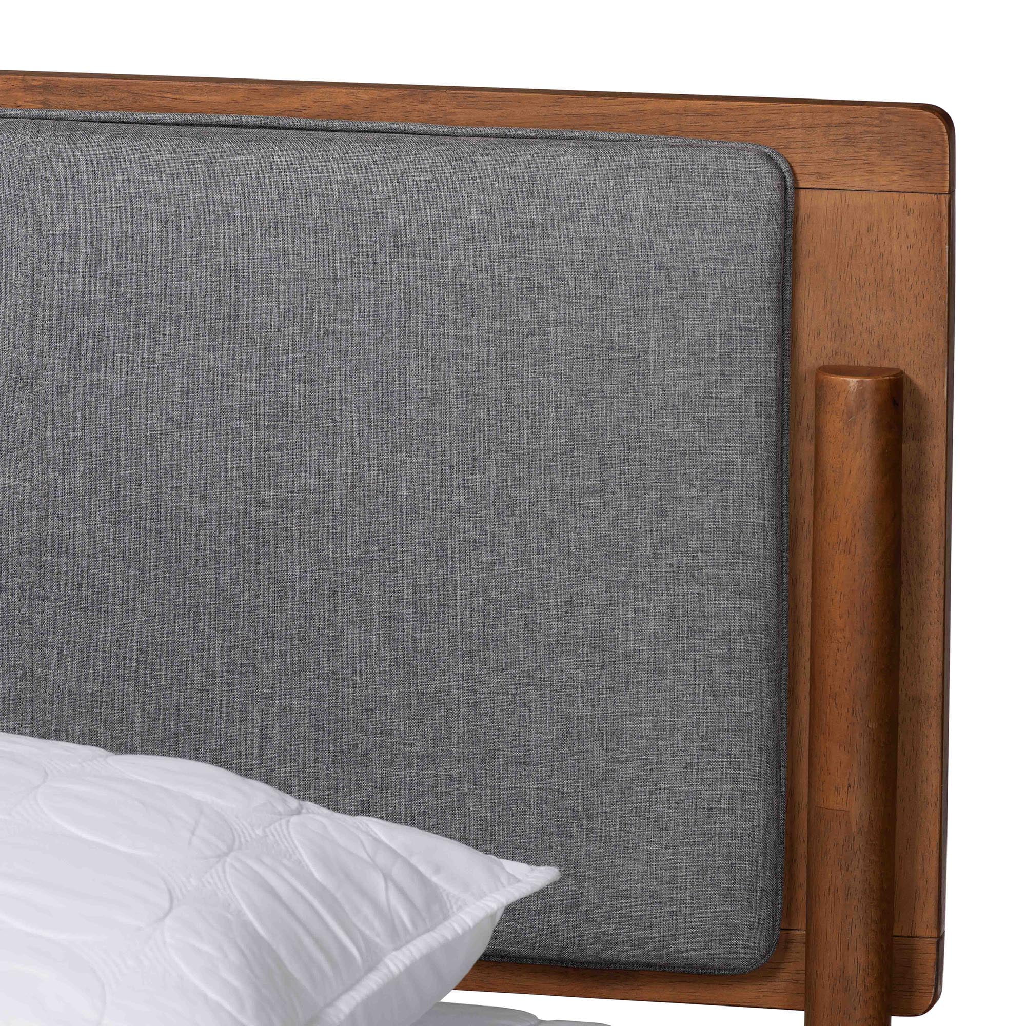 Baxton Studio Powers Mid-Century Modern Grey Fabric and Ash Walnut Finished Wood Queen Size Platform Bed