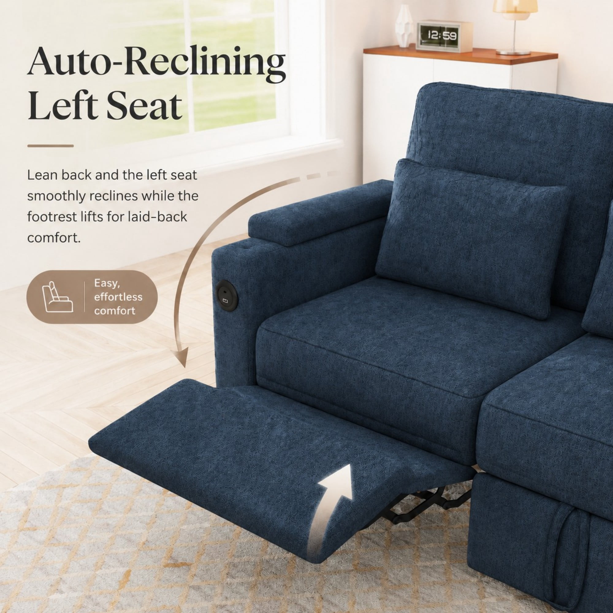 DEALTOPS 81" Chenille Pull-Out Sleeper Sofa Bed with Recliner, Tray Table, USB Ports & Storage, Blue