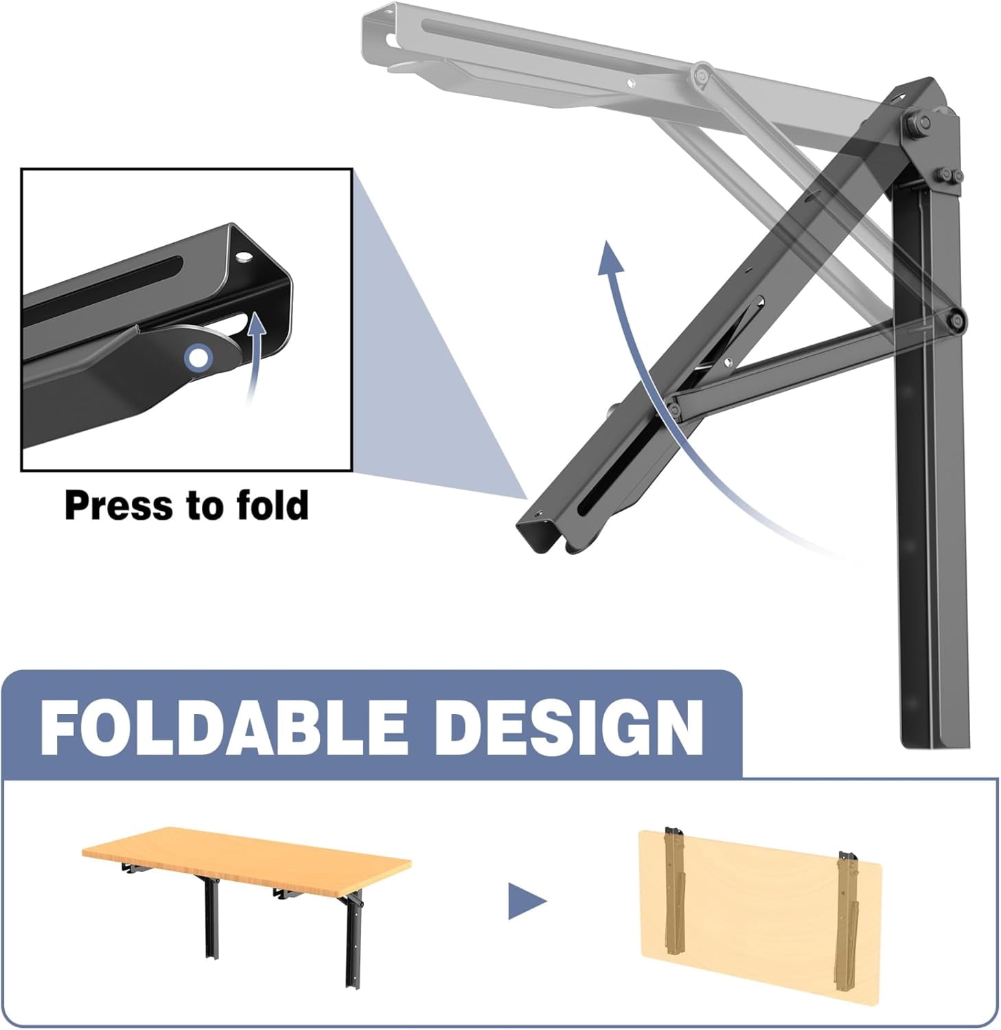 Heavy Duty 18" Folding Shelf Brackets, Wall-Mounted Collapsible Brackets for Workbench/Table, 550 lbs Capacity, Space-Saving Hinges for Garage, Kitchen, Laundry(No Board)