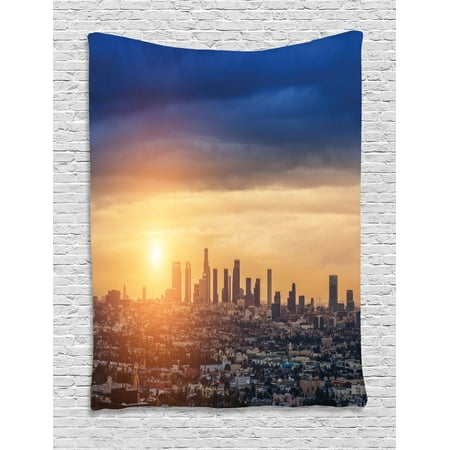 City Tapestry, Sunrise at Los Angeles Urban Architecture Tranquil Scenery Majestic Sky, Wall Hanging for Bedroom Living Room Dorm Decor, Navy Blue Apricot Ivory, by (Best Scenery For Bedroom)