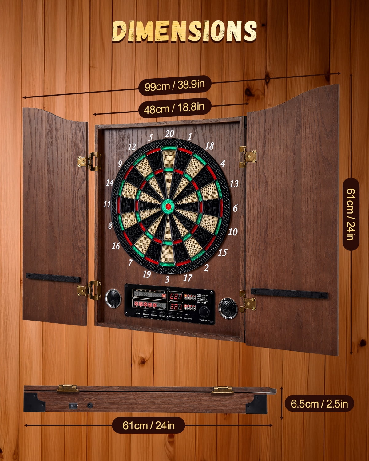 Yirinatek Electronic Dart Board, Decorative Dart Board Cabinet Set for Adults [12*Bronze Soft Tip Darts] [Cricket Game Mode]- Wooden Electric Dartboard Cabinet for Family Game Rooms [Coffee]