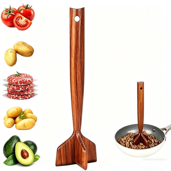 iFCOW Wooden Meat Masher, Heavy Duty Ground Beef Chopper Tool, Non-Scratch, Durable Wood Meat Pounder for Nonstick Kitchen Utensil, Cooking Gadget