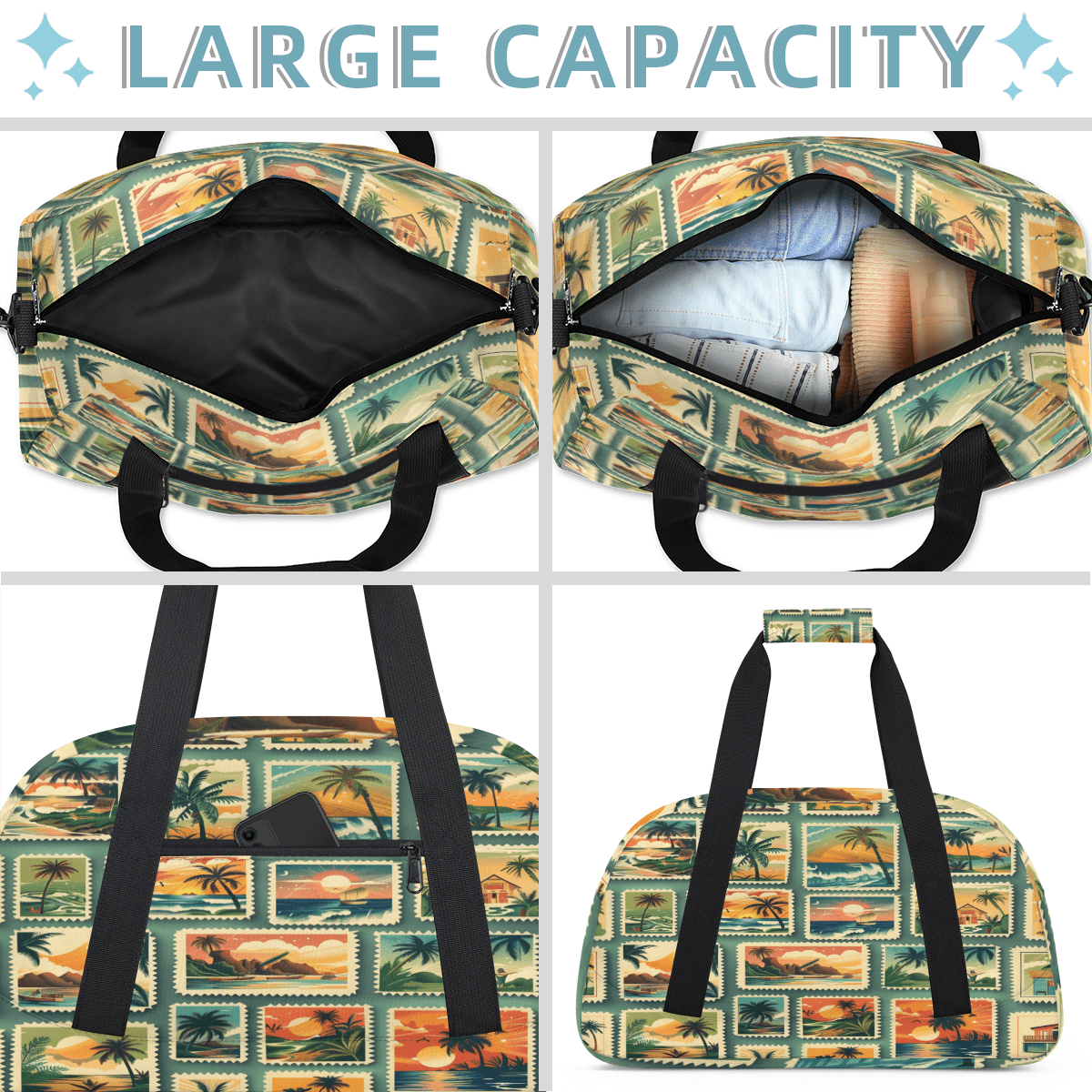 Herdesigns Tropical Beach Palm Tree Sports Duffle Bag for Women & Men, Summer Coastal Nautical Gym Bag Dance Bag Overnight Bag Carry On Weekender Travel Bag