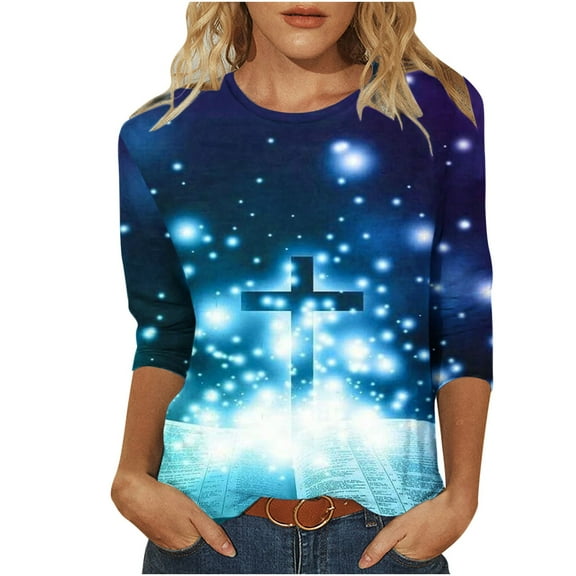 Enjoytime Women's Plus Size Tees Tops Casual 3/4 Sleeve Printed Shirt Crew Neck Tunic Blouses for Women