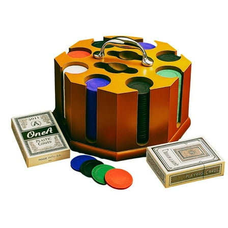 200 Poker Chip Revolving Rack - 2 Premium Card Decks & Dealer Chip Included