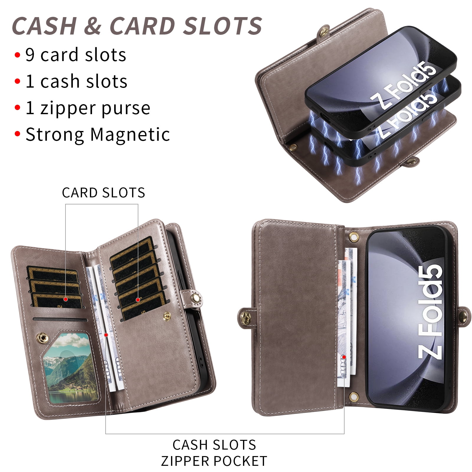 Asuwish Phone Case for Samsung Galaxy Z Fold 5 5G 2023 Zipper Wallet Cell Cover Crossbody Strap Flower Flip Card Holder ZFold5 Z5 G Fold5 ZFold 5Z Women Gray