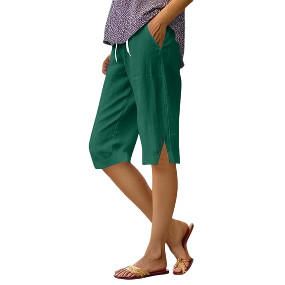 Women's Casual Bermuda Shorts Knee Length Summer Beach Shorts with Pockets Side Button Slit Lightweight Straight Leg Shorts