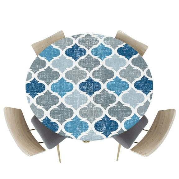 Fitted Round Tablecloths Table Covers 55-60in,Morocco Geometric Quatrefoil Plaid Waterproof Elastic Edged Table Cloth for Kitchen Dining Holiday Party Tables Decor,Blue and Grey Lattice on Linen