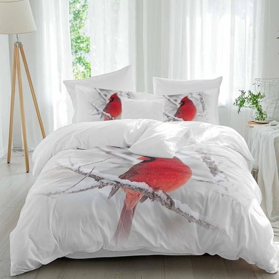 Cardinal Bird Duvet Cover Set King Size, Christmas Winter 4 Piece Soft Microfiber Bedding Set with 1 Duvet Cover, 1 Flat Sheet, 2 Pillowcases
