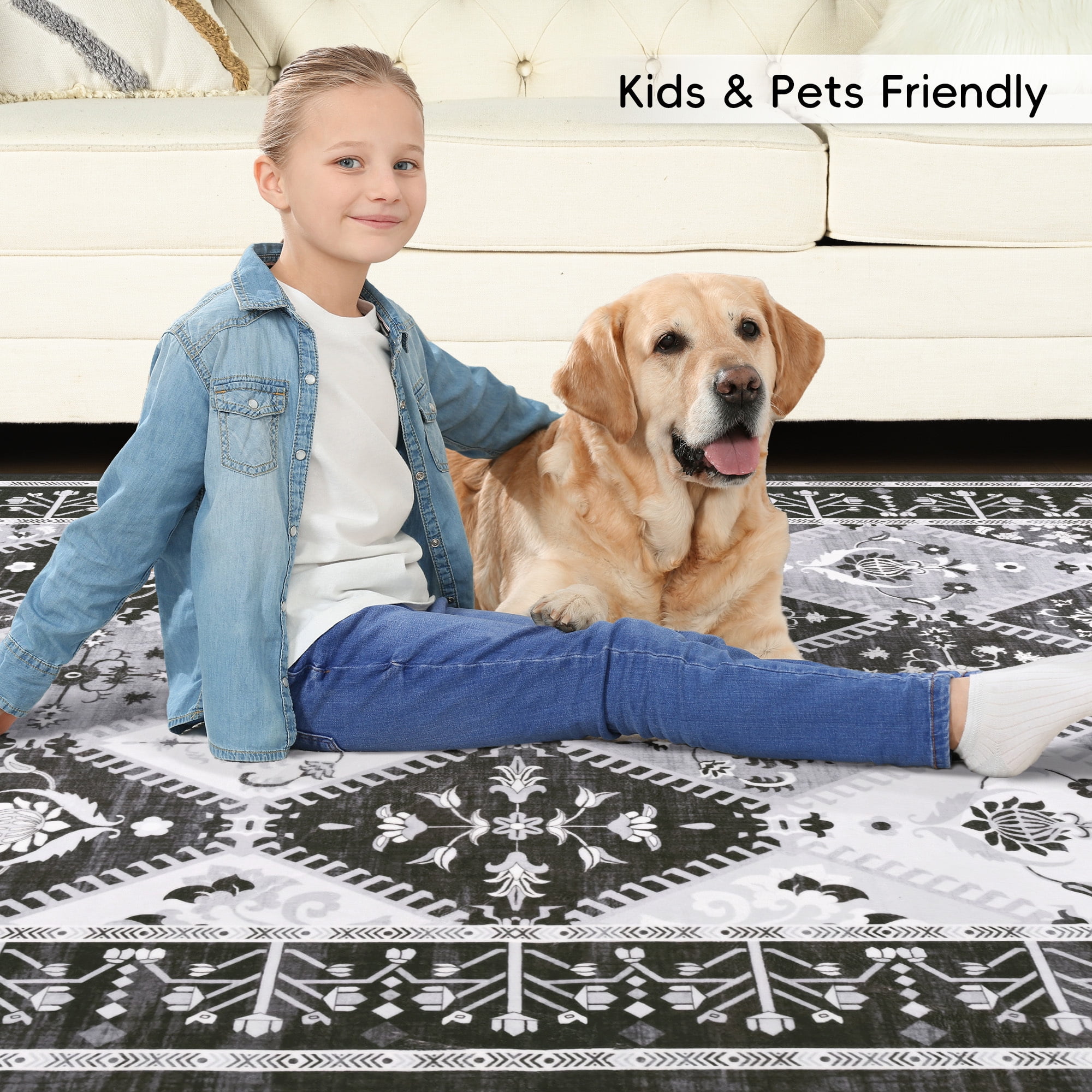 Wondo Moroccan Vintage Trellis Area Rug - Machine Washable Non-Slip Low-Profile 4x6 Floor Carpet for Living Room, Bedroom, Dining Room, Office & Nursery, Black