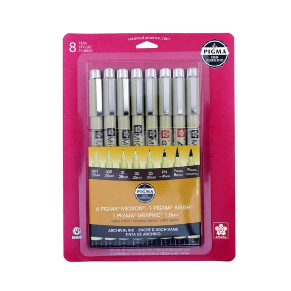 Sakura Pigma Micron Pens, Assorted Point Sizes, Sepia Ink, 8 Count Pack