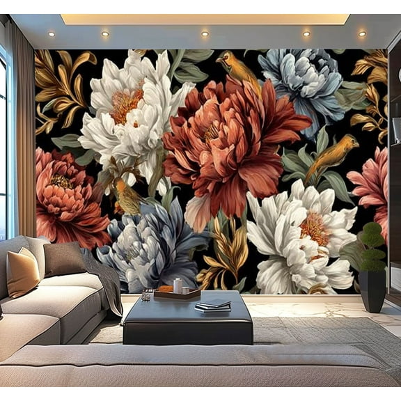 Peel and Stick Wallpaper Ornate vintage peonies roses chrysanthemums Modern Art Wall Mural Decor Self Adhesive and Removable 100in x 144in