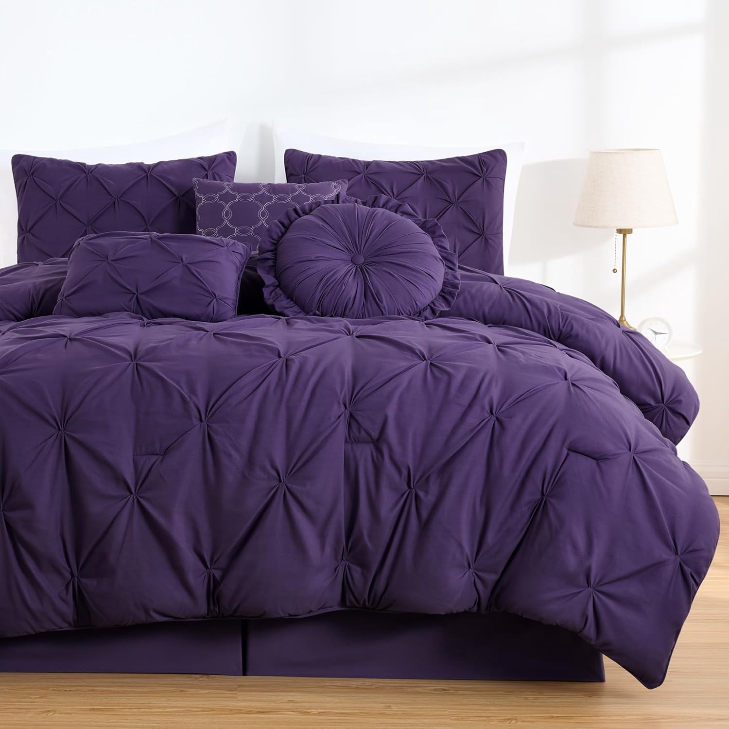 Chezmoi Collection Sydney 7-Piece Pinch Pleat Comforter Set, Lightweight Pintuck Bedding for All Season, Queen, Purple