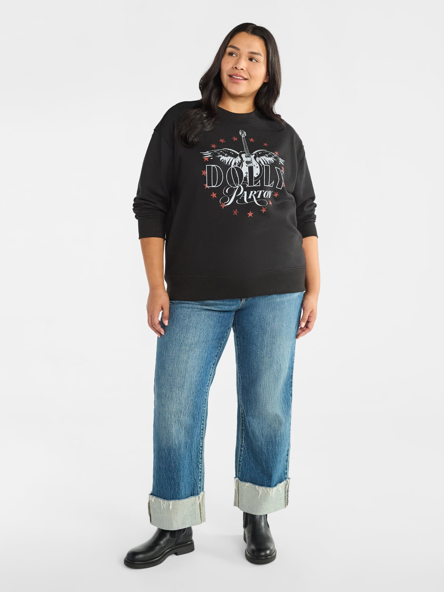 Terra & Sky Women's Plus Size Dolly Parton Guitar Wing Star Graphic Sweatshirt with Long Sleeves, Sizes 0X-4X