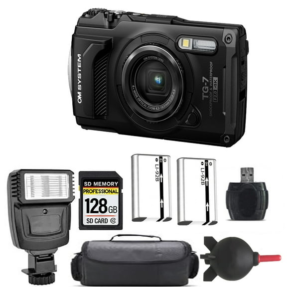 Olympus OM SYSTEM Tough TG-7 Digital Camera (Black)   Extra Battery   Flash - 128GB Kit